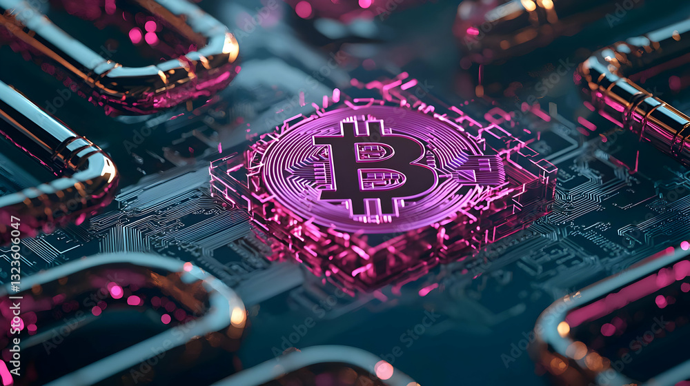 Poster illuminated bitcoin symbol on circuit board with metallic chain links close up