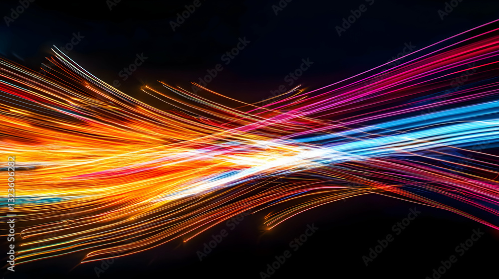 Poster abstract light trails with wavy motion across a dark background displaying vibrant colors and artist
