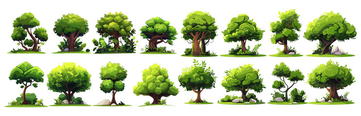 Obraz premium Vector cartoon clipart of bush trees, isolated on white background, nature elements, green plants, eco illustrations, landscape design, environmental art, tree foliage, outdoor