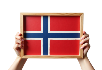 Hands holding wooden frame with red and blue cross flag graphic, transparent background