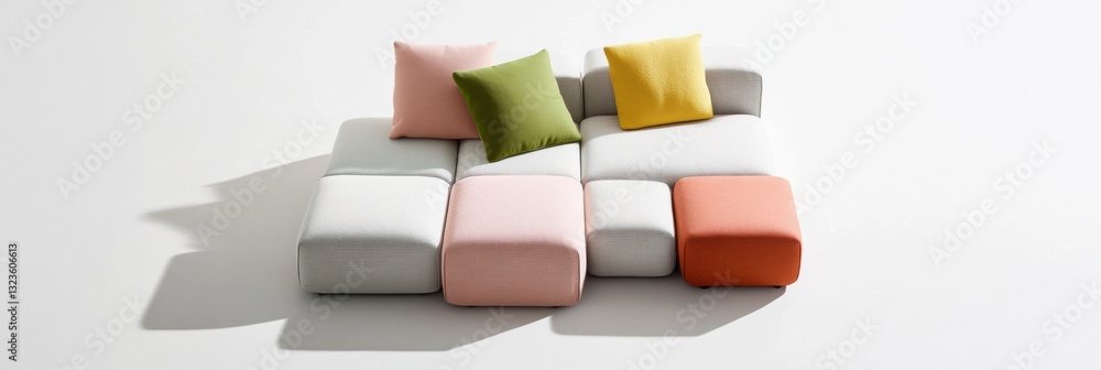 Poster Modular Comfort Revolution Soft Geometric Seating Collection Redefining Adaptive Living Spaces with Minimalist Color-Block Design for Contemporary Interiors