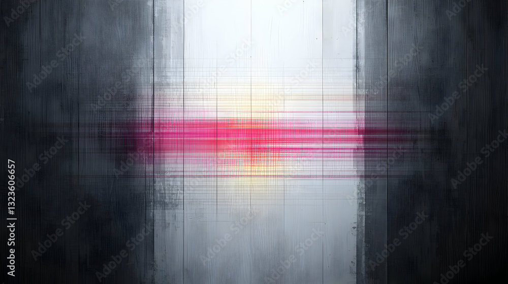 Poster abstract composition featuring textured gray surface with bright red and white horizontal line effec