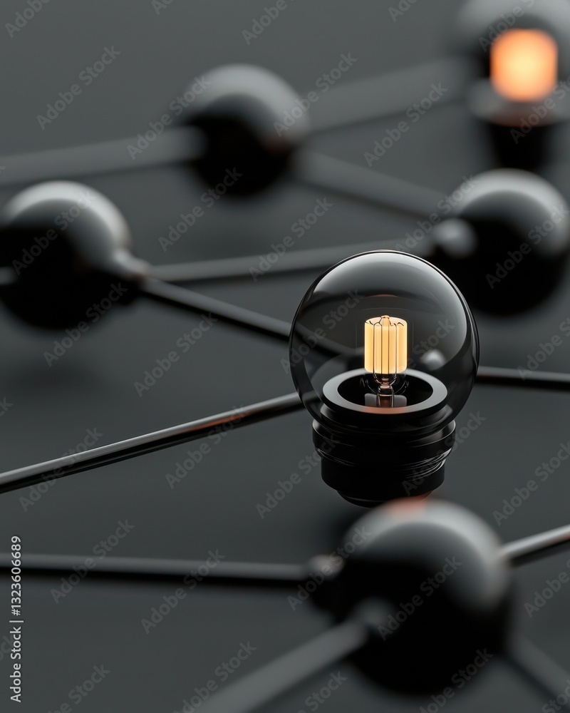 Poster modern technology concept with glowing bulb and interconnected nodes on dark background
