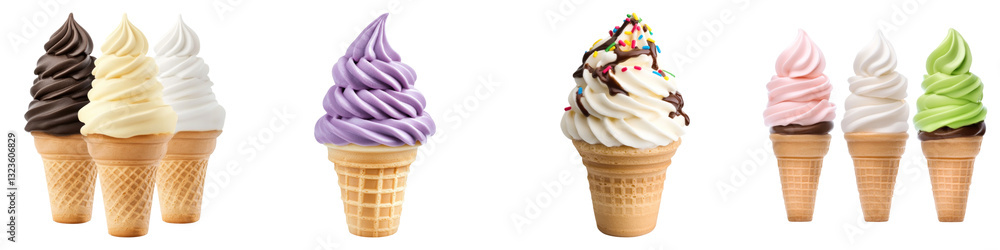Poster assorted colorful ice cream cones with sprinkles on transparency background