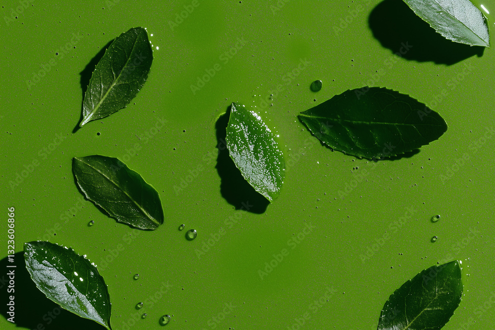 Poster emerald leaves: an overhead view showcasing a collection of vibrant emerald green leaves scattered o