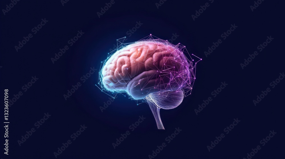 Poster 3d rendering of a human brain with glowing neural network connections, isolated on dark background.