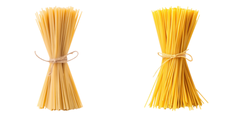 Two bundles of uncooked spaghetti tied with string on transparency background