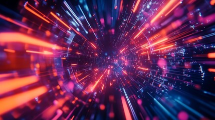 Naklejka premium Abstract Futuristic Tunnel with Glowing Red and Blue Light Trails - High-Speed Data Transmission Visualization.