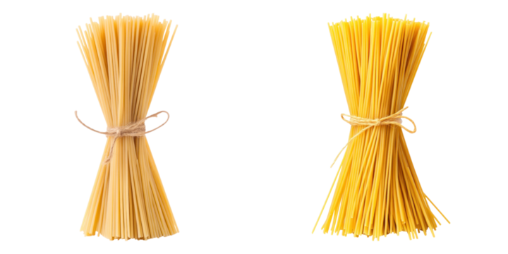 Two bundles of uncooked spaghetti tied with string on transparency background