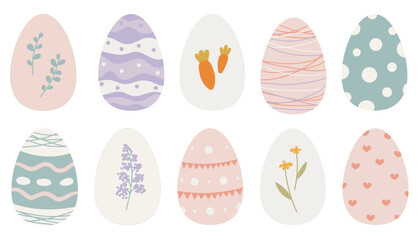 Easter eggs drawing clipart set. Happy easter egg flat illustration collection in colorful and pastel paint art for traditional hunting celebration. Vector illustration flat oval shape elements.