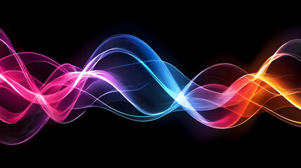 Obraz premium Abstract Digital Waves Displaying Dynamic Motion with Glowing Particles in a Colorful Spectrum against Black Background