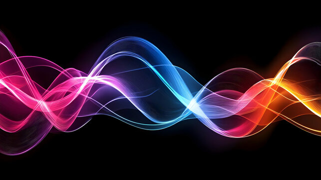 Abstract Digital Waves Displaying Dynamic Motion with Glowing Particles in a Colorful Spectrum against Black Background