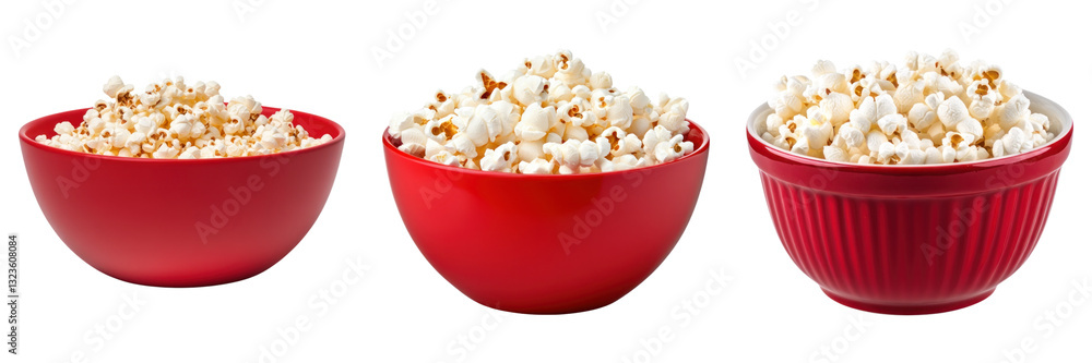 Poster three red bowls filled with popcorn isolated on transparency background