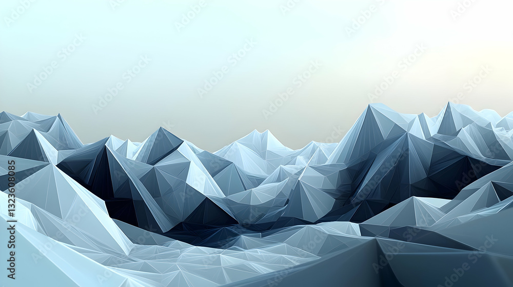 Poster abstract low poly landscape with blue tones and polygon structures against soft gradient sky with su