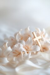 Delicate Easter lilies frame a golden cross against a soft parchment background. Soft ribbons create a serene and uplifting atmosphere, ideal for sharing Easter blessings or announcements
