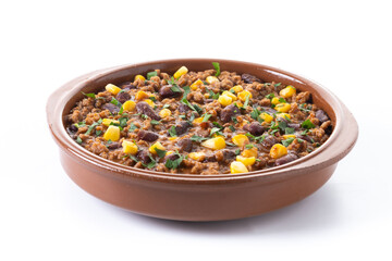 Traditional Mexican Chili con carne. Minced meat and vegetables stew in tomato sauce isolated on white background