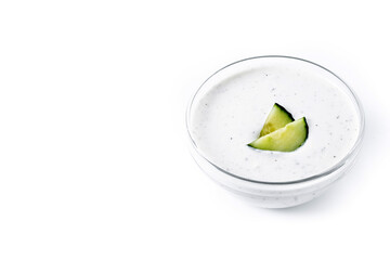 Greek Tzatziki sauce in bowl isolated on white background. Copy space
