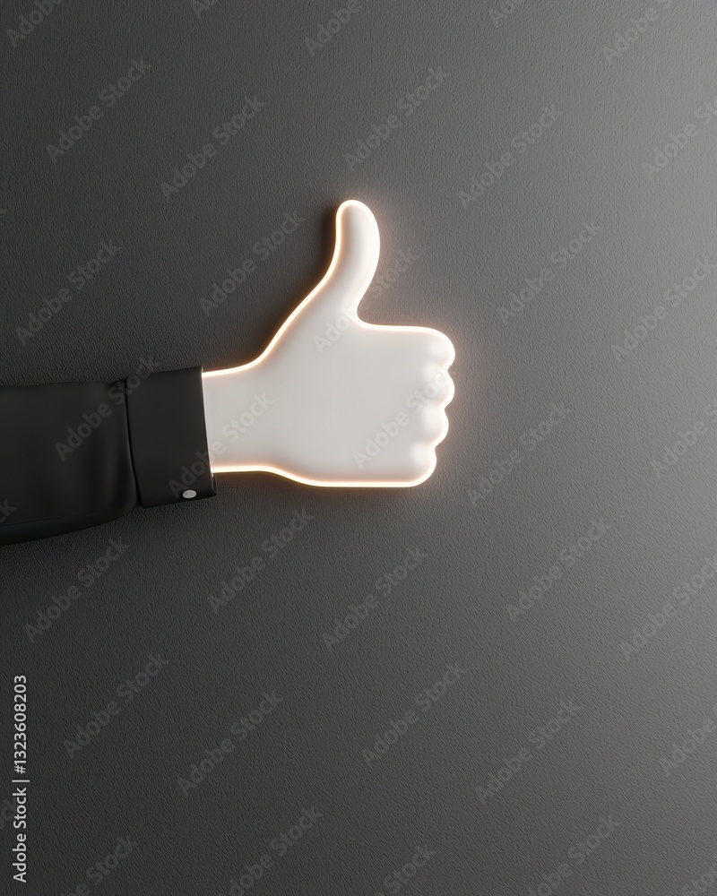 Poster Bright Neon Hand Gesture Signifying Approval and Positivity Against Simple Dark Background