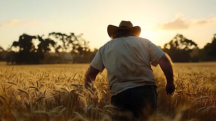 Farmer harvests wheat at sunset rural field action scene agricultural landscape back view hard work concept