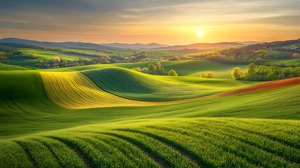 Obraz premium Generate an image of green fields, with different colors of green, the sky can be like evening, or dawn, or evening when the sun sets, the landscape is more diverse, somewhere in the distance there ca