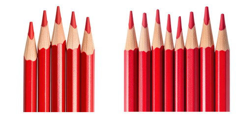 Naklejka premium Red colored pencils arranged in two groups on transparency background