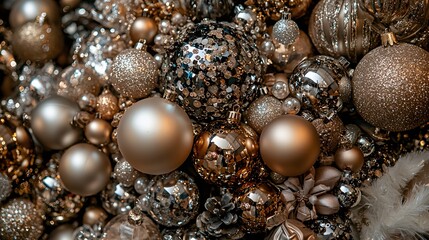 Elegantly Arranged Gold and Silver Holiday Ornaments with Glittering Textures and Spheres