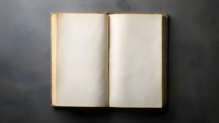 Open Vintage Book Displaying Blank Pages on Gray Textured Surface with Brown Edges and Warm Lighting