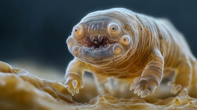 A close-up view of a tardigrade™s mouth and segmented legs, showing intricate details 