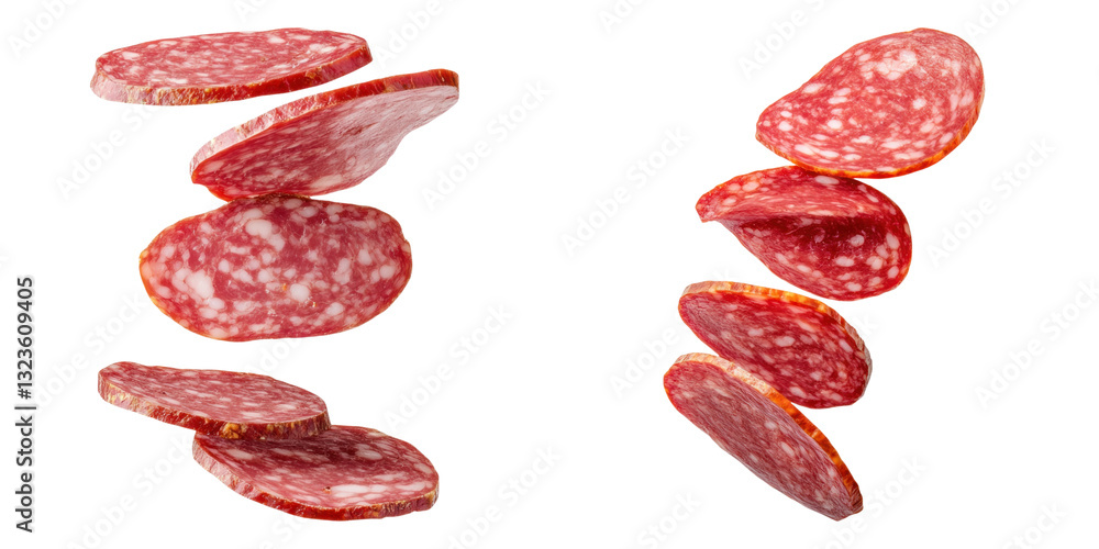 Poster slices of salami floating against transparency background, showcasing texture