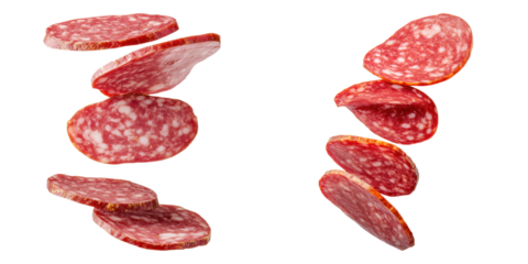 Slices of salami floating against transparency background, showcasing texture