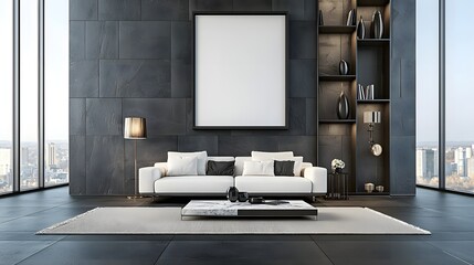 Modern Minimalist Living Room with White Sofa and Large Windows Overlooking the City Skyline