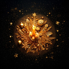 Golden Christmas table decoration on dark  background with many decorative branches, decorations, stars and four candles.