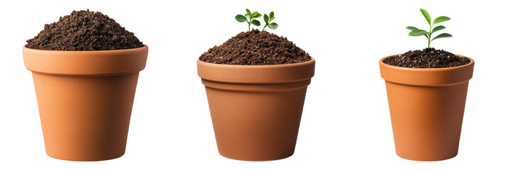 Terracotta pots with soil and seedlings isolated on transparency background