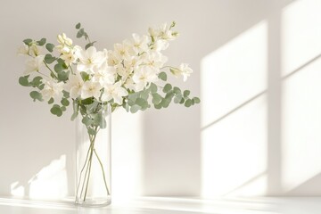 Elegant White Orchids in a Clear Vase With Natural Light Casting Soft Shadows
