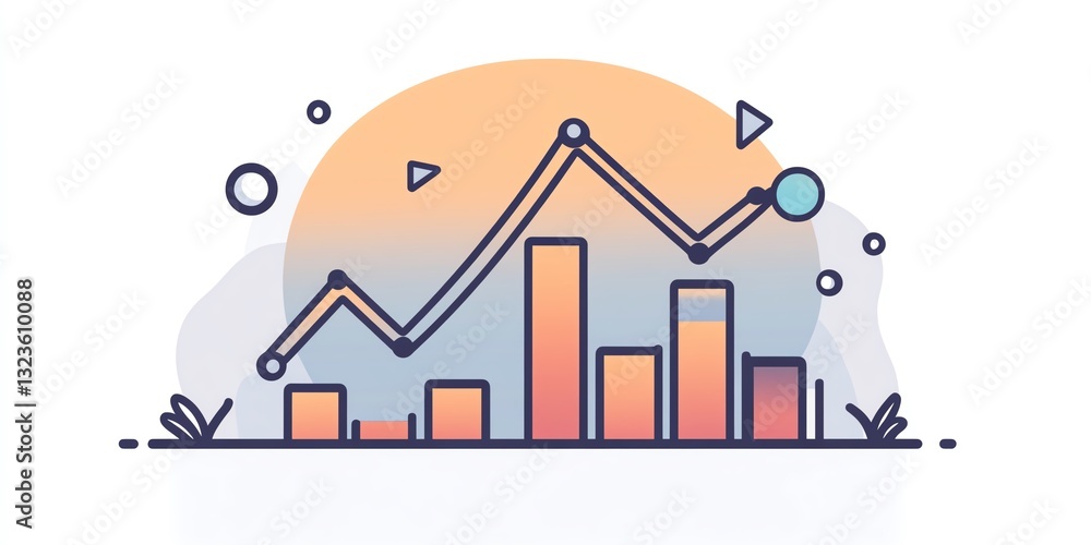 Poster trendy infographic depicting an upward trend in data with colorful bar and line charts set against a