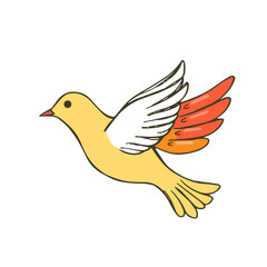 Fototapeta premium Playful cartoon yellow bird with colorful wings in flight on white background copy space