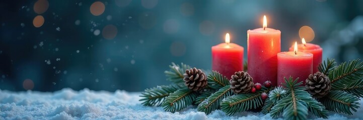 A frosty Christmas scene featuring four pillarless candles on a fir branch with pinecones and evergreen sprigs, fir, frosty