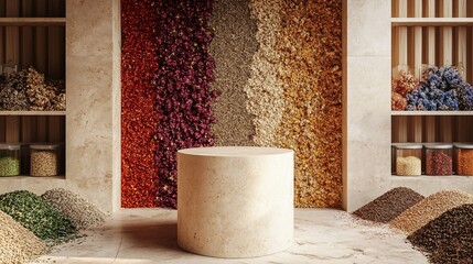 A modern display showcasing assorted dried herbs and flowers arrangement