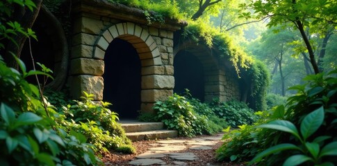 Naklejka premium Ancient stone foundation hidden beneath dense foliage, earthy, stone foundation