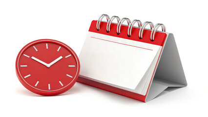 red clock and spiral bound desk calendar are placed side by side, symbolizing time management and organization. clock features minimalist design with white hour markers and hands, while calendar