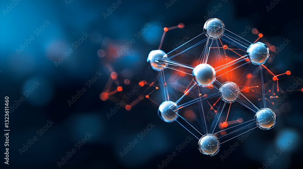 Poster abstract digital molecular structure with glowing spheres and connected lines in blue and red tones
