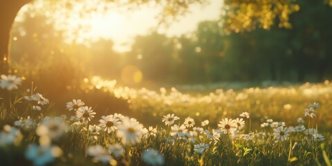Golden Hour Daisies Field Sunset Peaceful Nature Scene