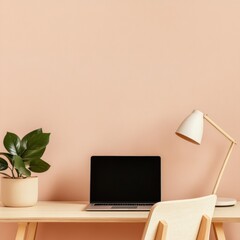 Fototapeta premium Soft Minimalist Home Office Wellness-Inspired Workspace Design with Scandinavian Ergonomics and Biophilic Aesthetic for Modern Remote Professionals