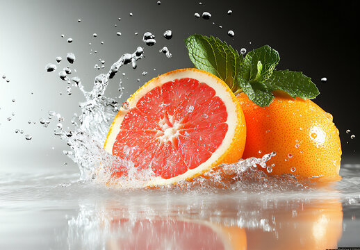 a photograph of an orange and a grapefruit with mint leaves,