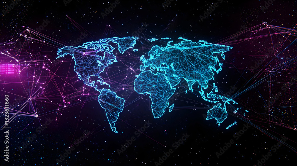 Poster blue and purple pixelated world map on dark background with connected network lines and dots illustr