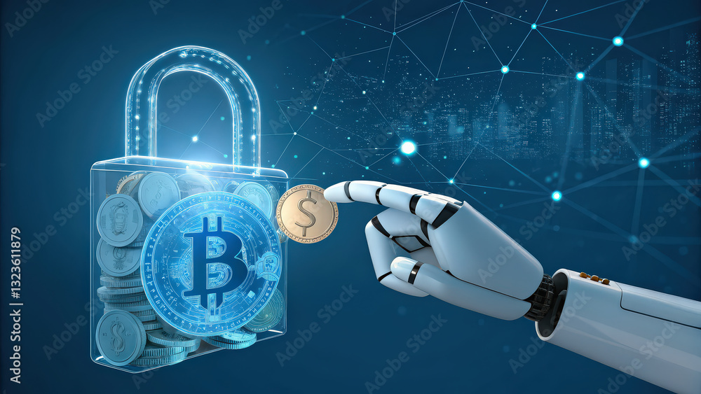 Poster robotic hand interacts with digital lock filled with cryptocurrency coins, symbolizing secure blockchain technology and digital finance