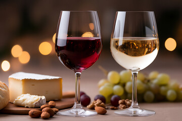 Naklejka premium a photograph of red wine and white wine in glasses, accompanied by grapes,