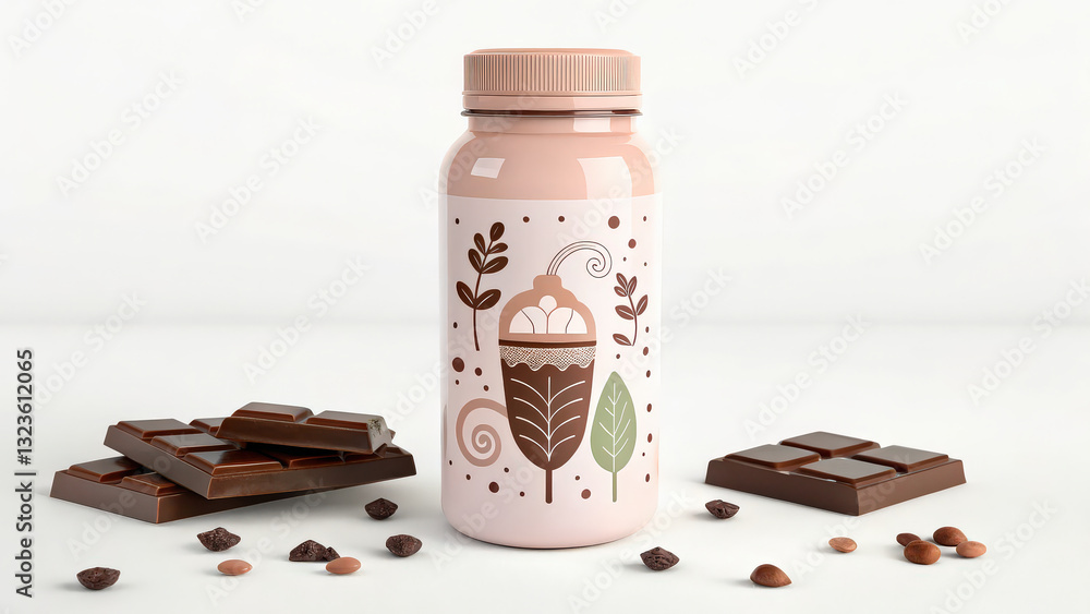 Poster chocolate protein shake bottle is surrounded by chocolate pieces and cocoa beans, set against minima