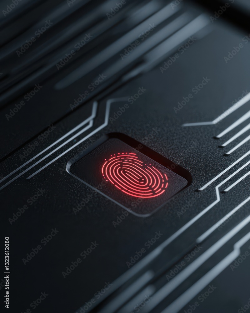 Poster close-up view of a modern fingerprint scanner with red light indicator on a high-tech background