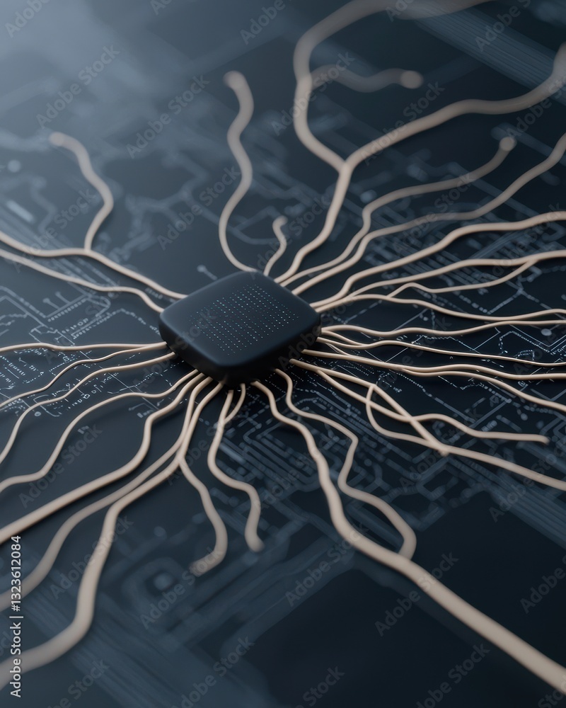 Poster intricate microchip with gold connections on dark circuit board background